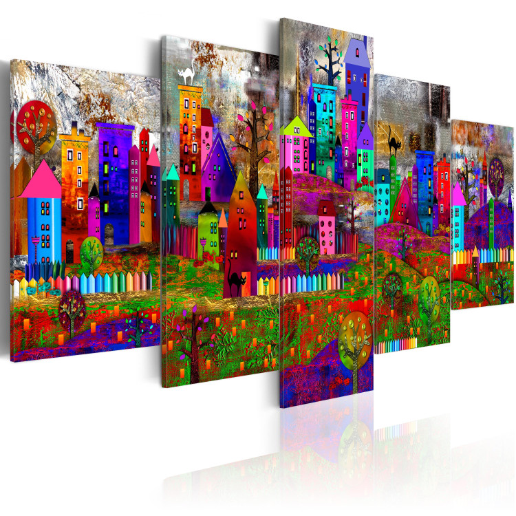 Canvas City of Expression (5-piece) - Colorful Houses and Fences in Pop Art Style 93720 additionalImage 2