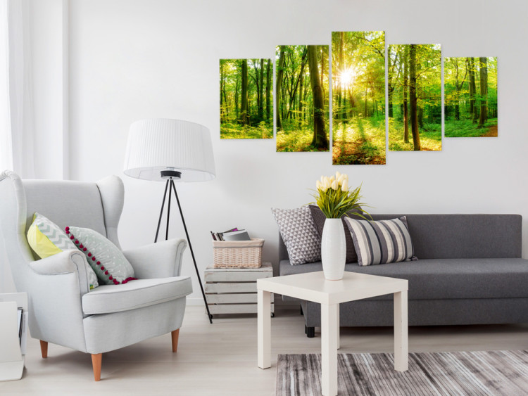 Canvas Print Forest Tale (5-part) - sunlight glow among green treetops 94220 additionalImage 3