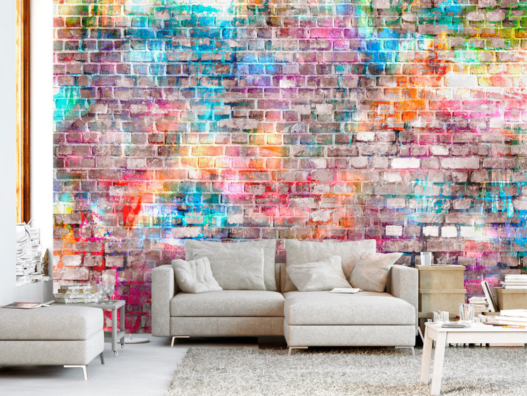 Wall Mural Colours of the rainbow - urban brick wall in a colourful pattern for teenagers 97920