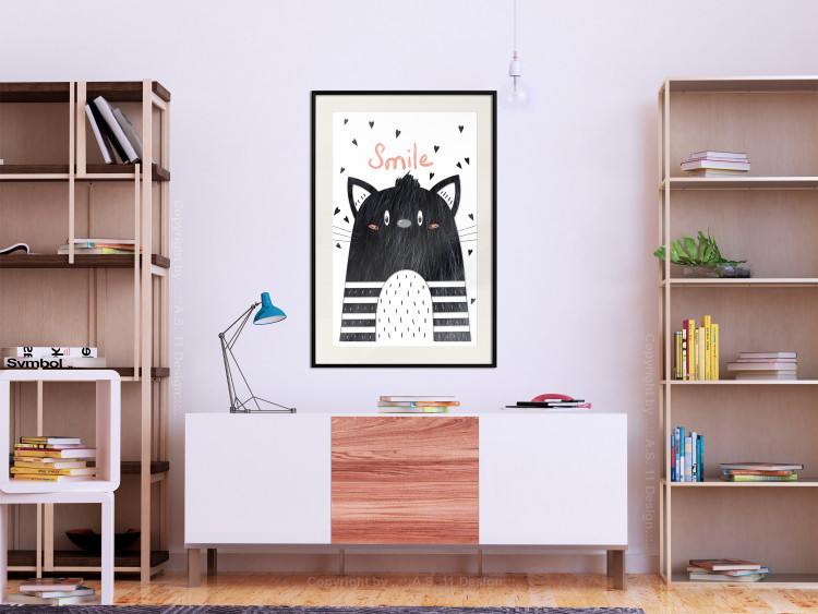 Poster Smile - black and white abstraction for children with a cat and a pink text 114430 additionalImage 16