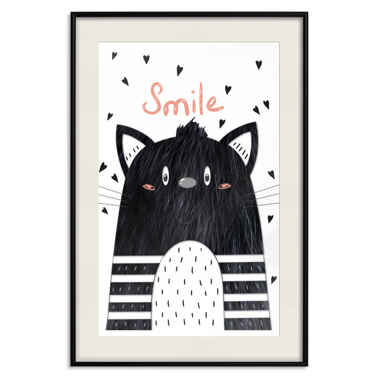 Poster Smile - black and white abstraction for children with a cat and a pink text 114430 additionalImage 18
