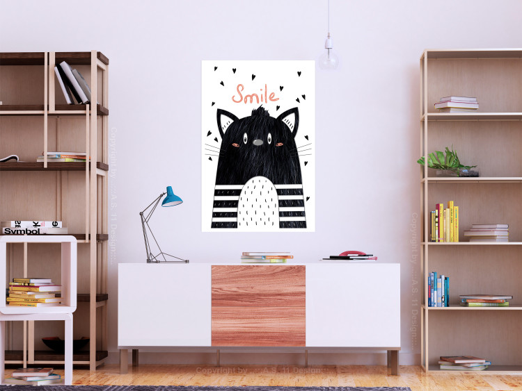 Poster Smile - black and white abstraction for children with a cat and a pink text 114430 additionalImage 17
