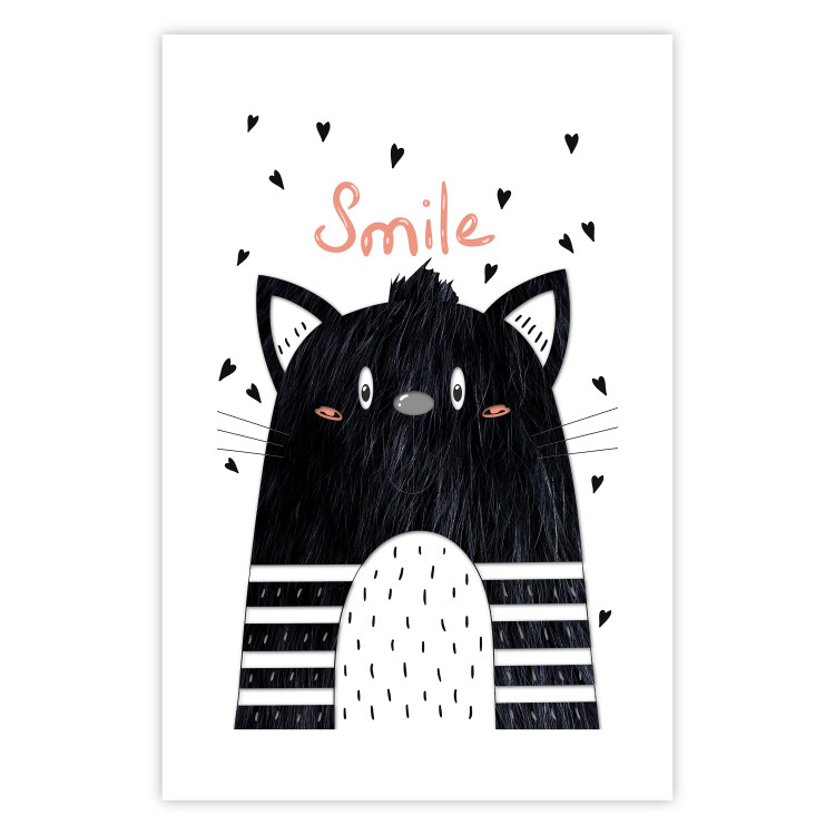 Poster Smile - black and white abstraction for children with a cat and a pink text 114430 additionalImage 25