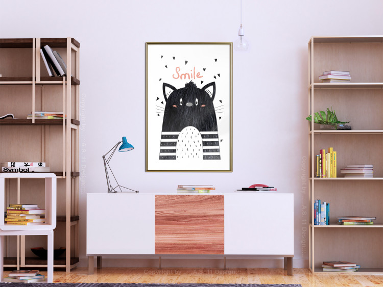 Poster Smile - black and white abstraction for children with a cat and a pink text 114430 additionalImage 15