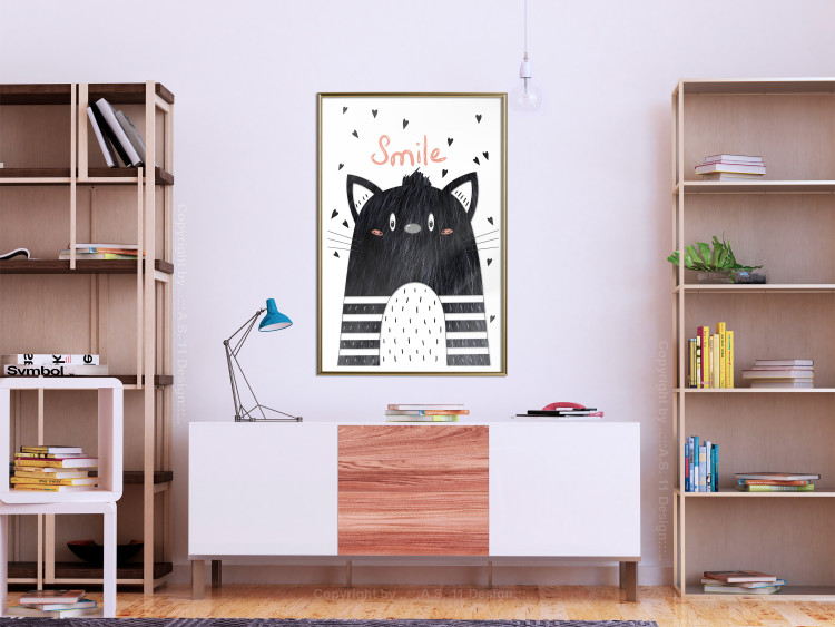 Poster Smile - black and white abstraction for children with a cat and a pink text 114430 additionalImage 7
