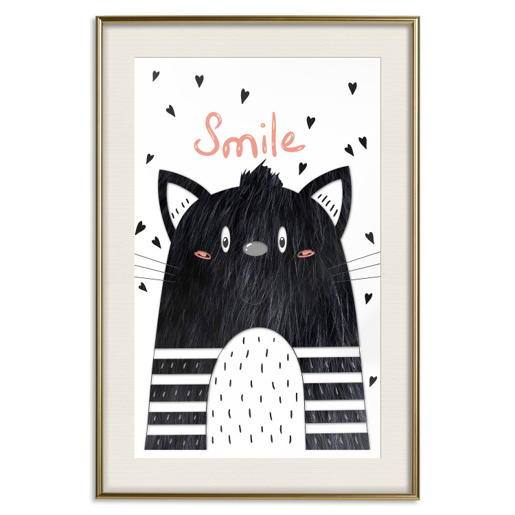 Poster Smile - black and white abstraction for children with a cat and a pink text 114430 additionalImage 21
