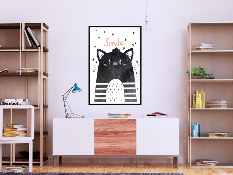 Poster Smile - black and white abstraction for children with a cat and a pink text 114430 additionalImage 5