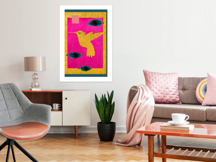 Wall Poster Golden Hummingbird - abstraction with a bird and green leaves on a pink background 116930 additionalImage 2