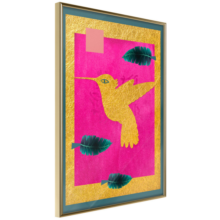 Wall Poster Golden Hummingbird - abstraction with a bird and green leaves on a pink background 116930 additionalImage 12