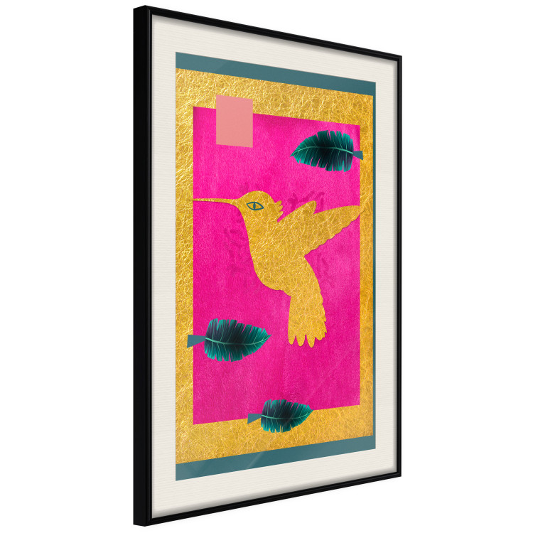 Wall Poster Golden Hummingbird - abstraction with a bird and green leaves on a pink background 116930 additionalImage 3