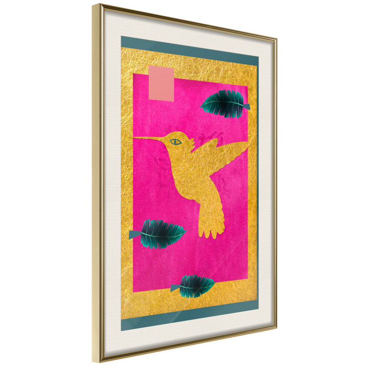 Wall Poster Golden Hummingbird - abstraction with a bird and green leaves on a pink background 116930 additionalImage 2