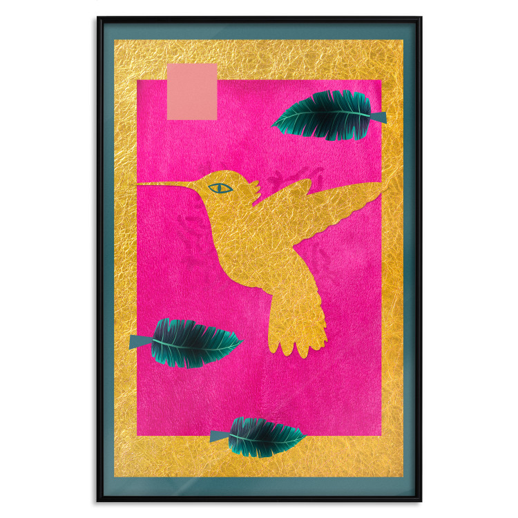 Wall Poster Golden Hummingbird - abstraction with a bird and green leaves on a pink background 116930 additionalImage 24