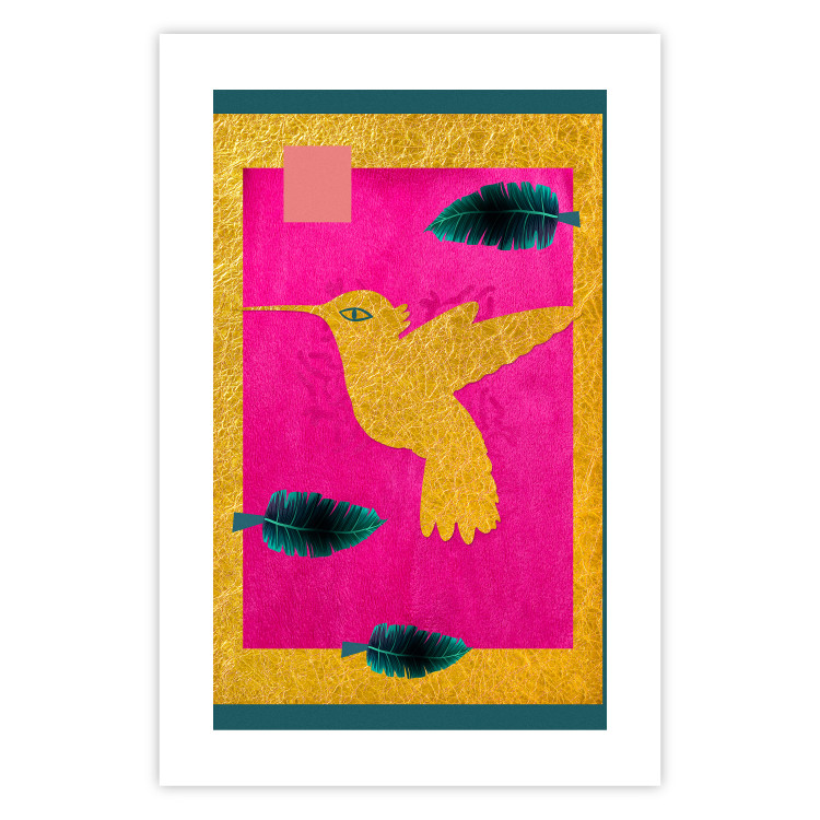 Wall Poster Golden Hummingbird - abstraction with a bird and green leaves on a pink background 116930 additionalImage 25