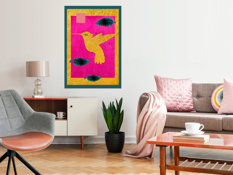Wall Poster Golden Hummingbird - abstraction with a bird and green leaves on a pink background 116930 additionalImage 23
