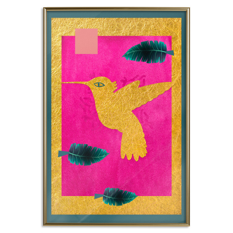 Wall Poster Golden Hummingbird - abstraction with a bird and green leaves on a pink background 116930 additionalImage 16