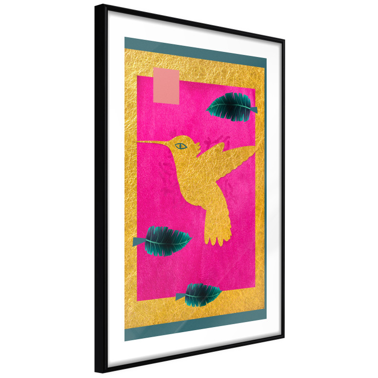 Wall Poster Golden Hummingbird - abstraction with a bird and green leaves on a pink background 116930 additionalImage 13