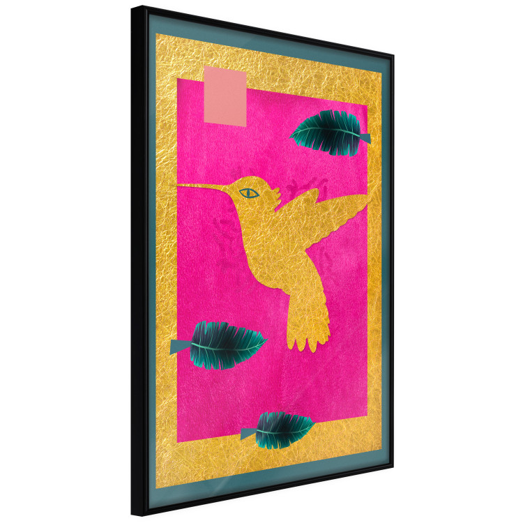 Wall Poster Golden Hummingbird - abstraction with a bird and green leaves on a pink background 116930 additionalImage 10