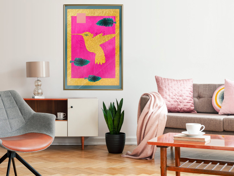 Wall Poster Golden Hummingbird - abstraction with a bird and green leaves on a pink background 116930 additionalImage 7