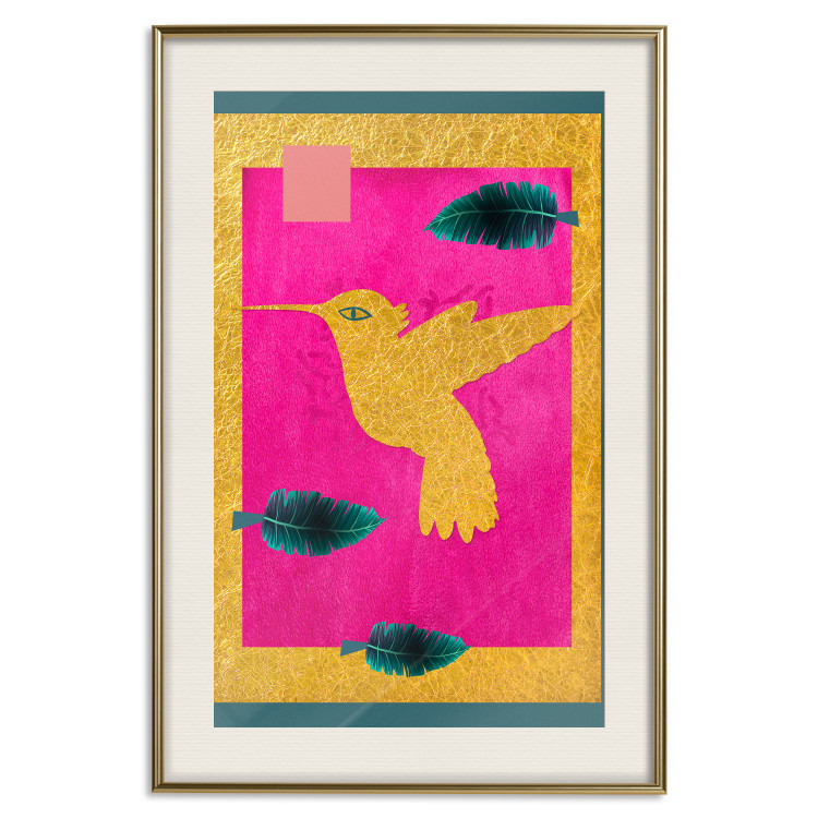 Wall Poster Golden Hummingbird - abstraction with a bird and green leaves on a pink background 116930 additionalImage 19