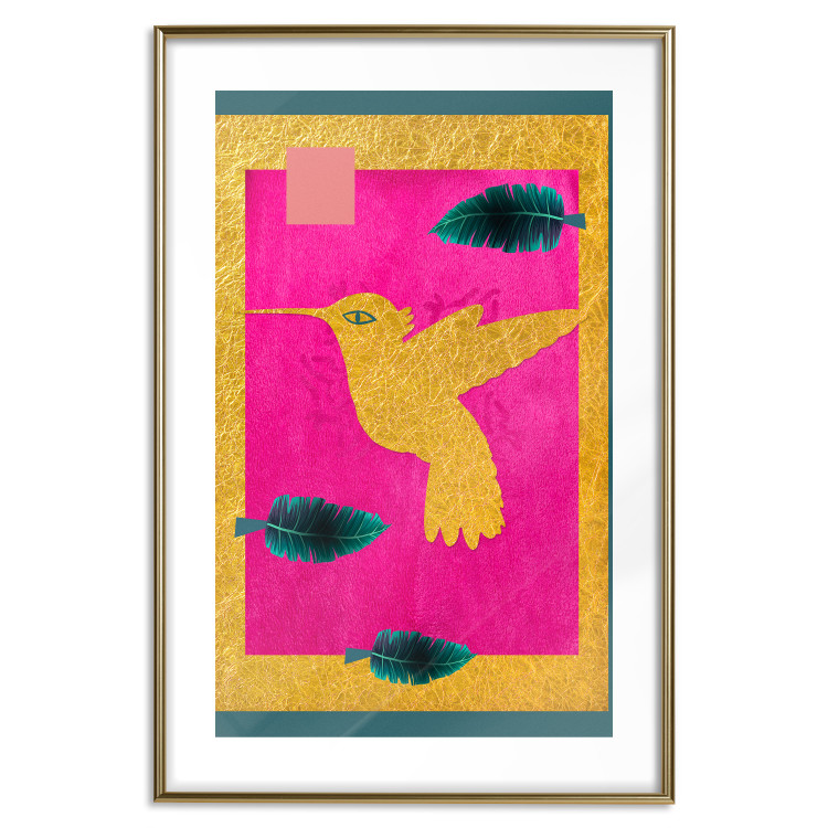 Wall Poster Golden Hummingbird - abstraction with a bird and green leaves on a pink background 116930 additionalImage 16