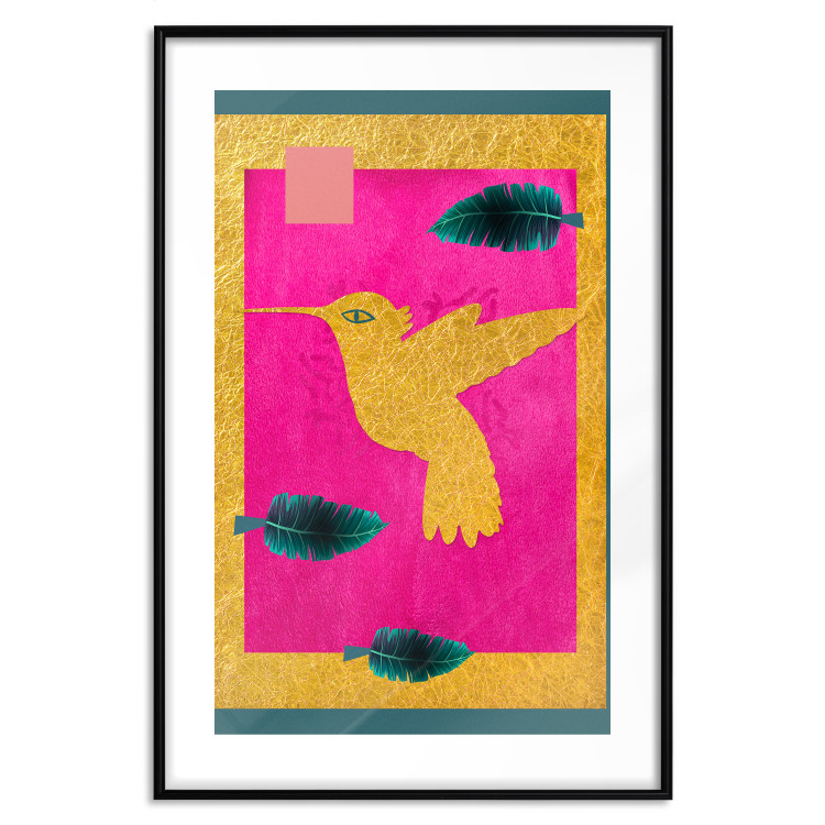 Wall Poster Golden Hummingbird - abstraction with a bird and green leaves on a pink background 116930 additionalImage 17
