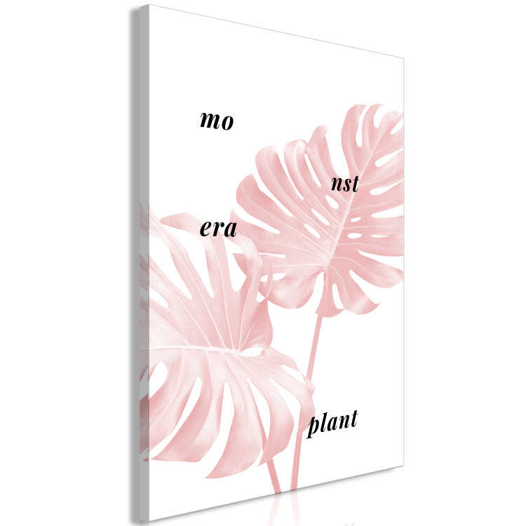Canvas Pink monstera leaves with inscription - minimalistic botanical motif 122930 additionalImage 2