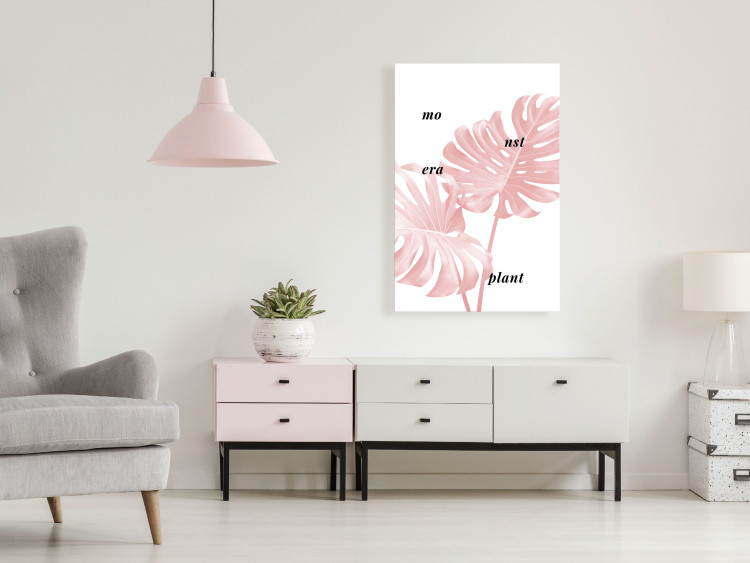 Canvas Pink monstera leaves with inscription - minimalistic botanical motif 122930 additionalImage 3