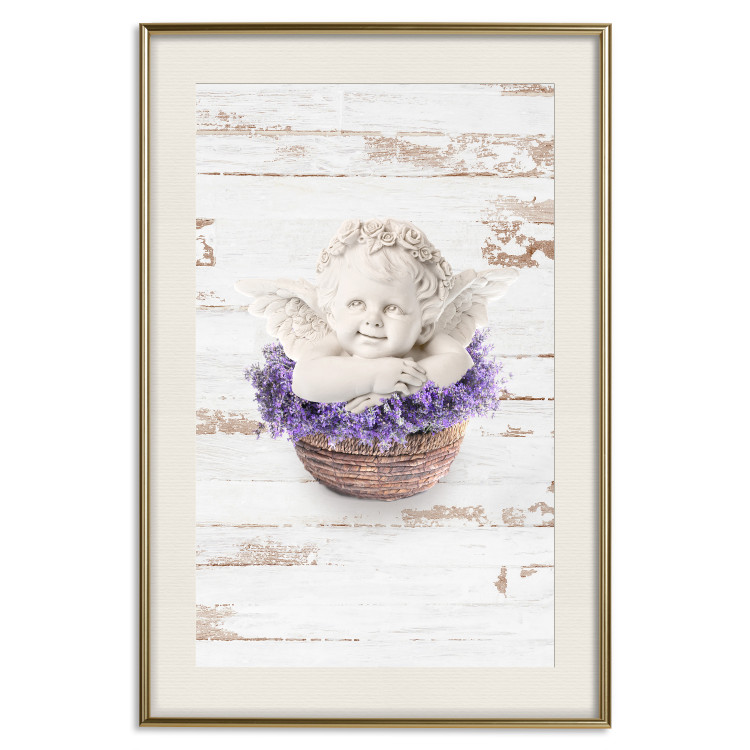 Wall Poster Lavender Dream - angel in purple flowers on wooden background 128030 additionalImage 24