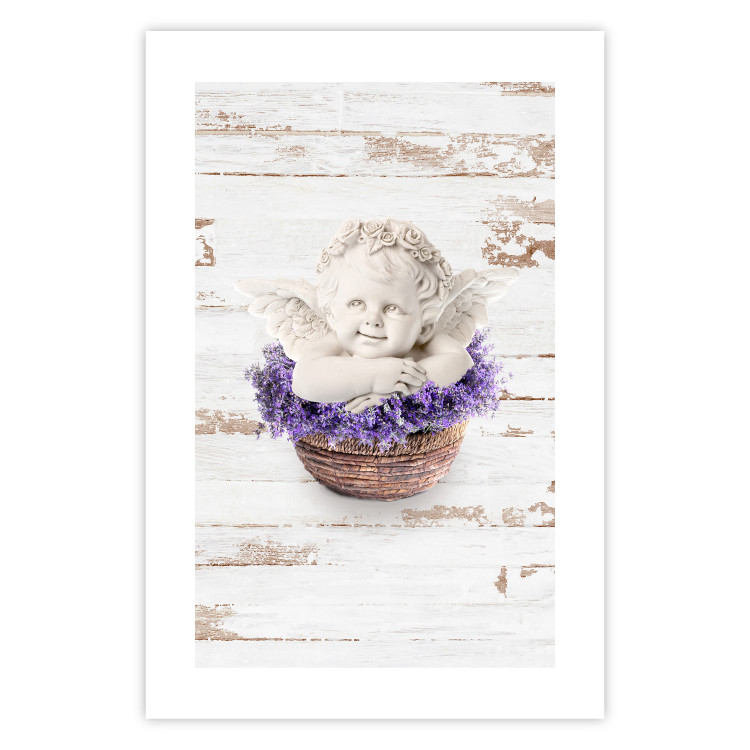 Wall Poster Lavender Dream - angel in purple flowers on wooden background 128030 additionalImage 25