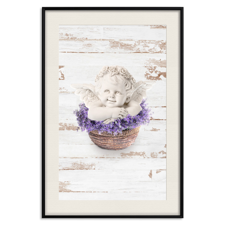 Wall Poster Lavender Dream - angel in purple flowers on wooden background 128030 additionalImage 23