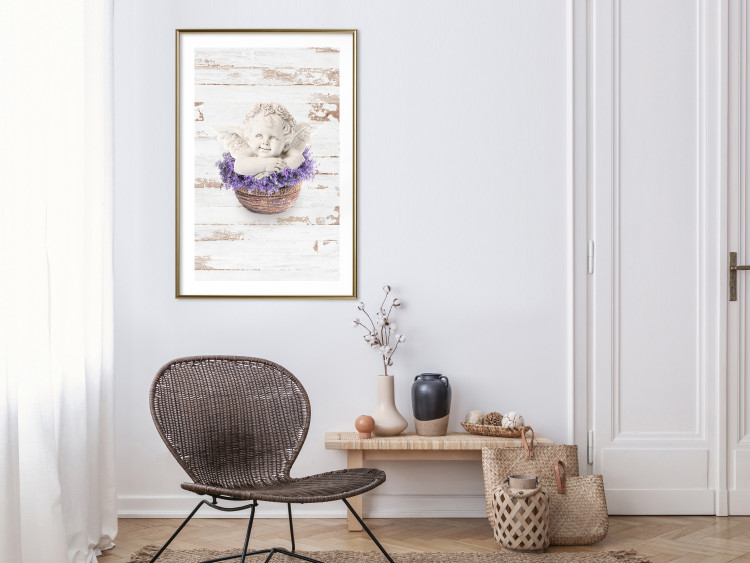 Wall Poster Lavender Dream - angel in purple flowers on wooden background 128030 additionalImage 19