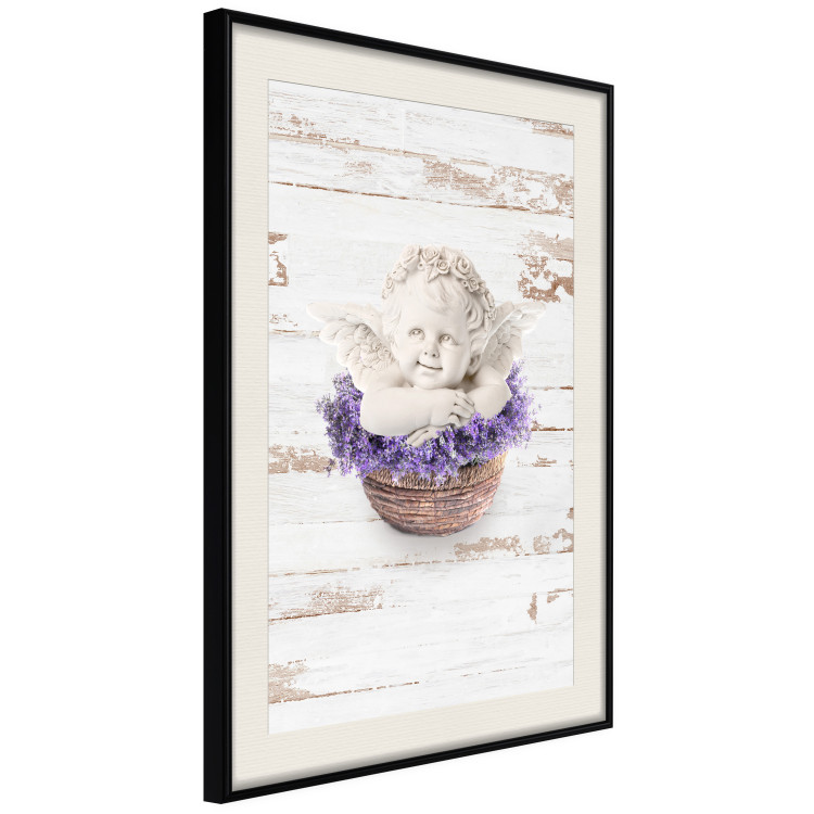 Wall Poster Lavender Dream - angel in purple flowers on wooden background 128030 additionalImage 3
