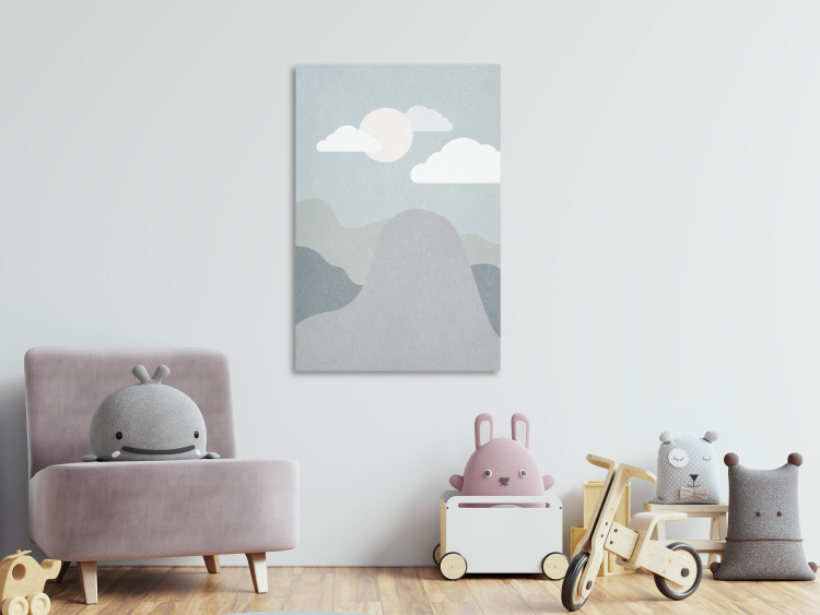 Canvas Print Walk in the mountains - Mountain landscape for children's room with clouds and blue sky in delicate shades of gray, beige and blue 130530 additionalImage 3