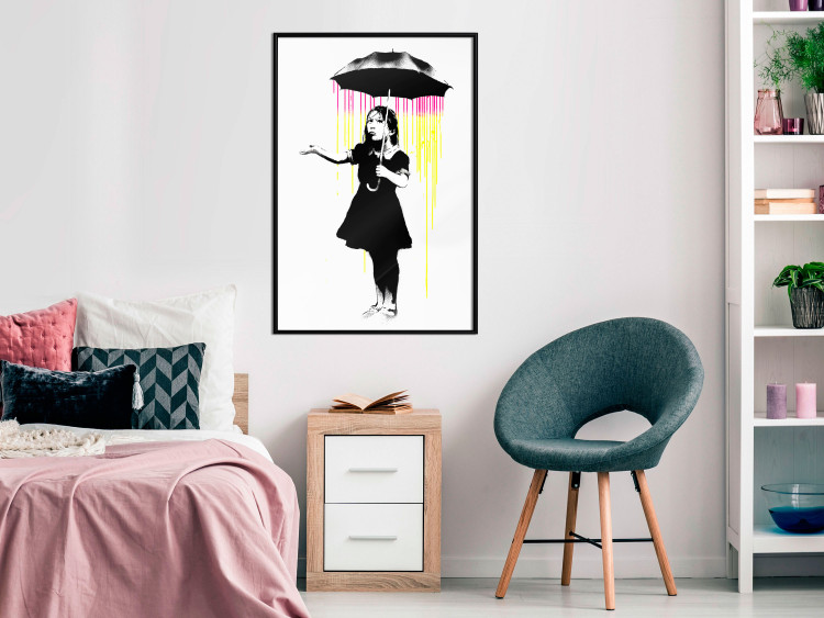 Wall Poster Girl with Umbrella - black and white girl in a colorful rain 132430 additionalImage 9
