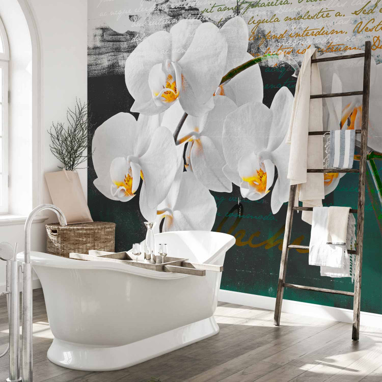 Photo Wallpaper Orchid - Poet's Inspiration is a White Floral Motif with Inscriptions in the Background 60630 additionalImage 8