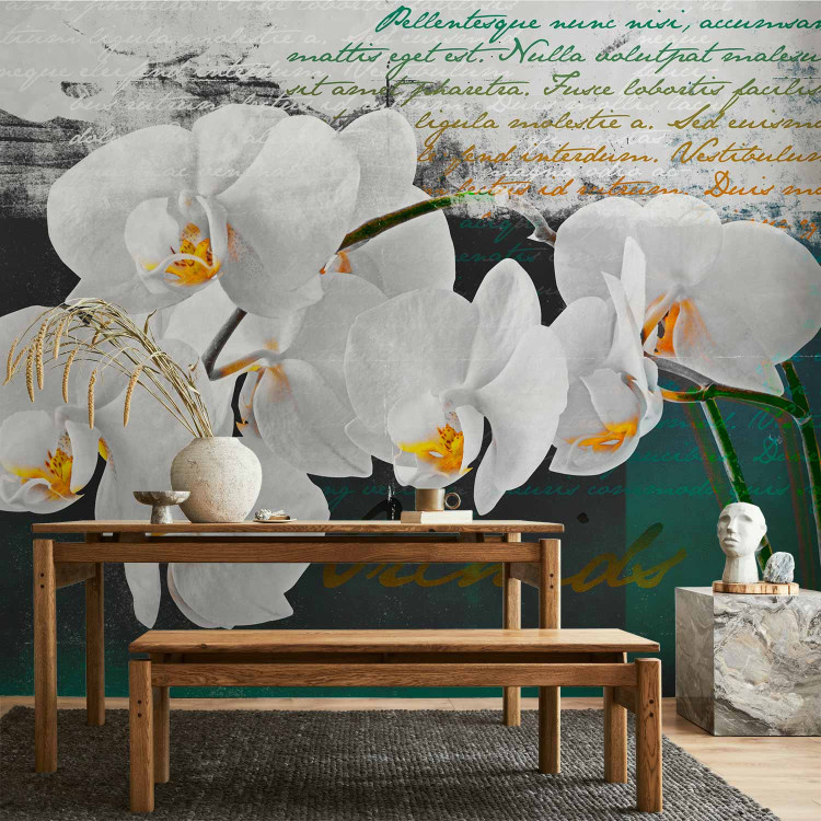 Photo Wallpaper Orchid - Poet's Inspiration is a White Floral Motif with Inscriptions in the Background 60630 additionalImage 6