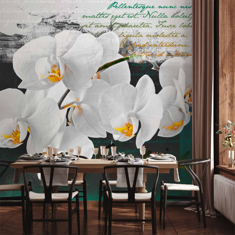 Photo Wallpaper Orchid - Poet's Inspiration is a White Floral Motif with Inscriptions in the Background 60630 additionalImage 4