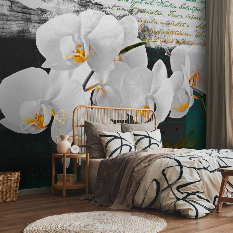 Photo Wallpaper Orchid - Poet's Inspiration is a White Floral Motif with Inscriptions in the Background 60630 additionalImage 2