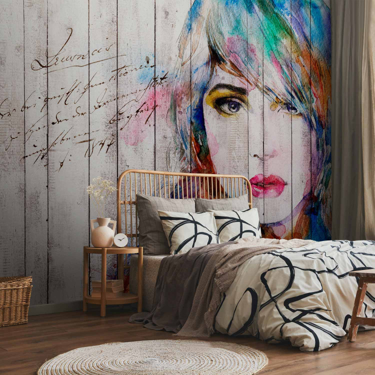 Photo Wallpaper Portrait of a woman's face - coloured watercolour on white wood and text 64530 additionalImage 2