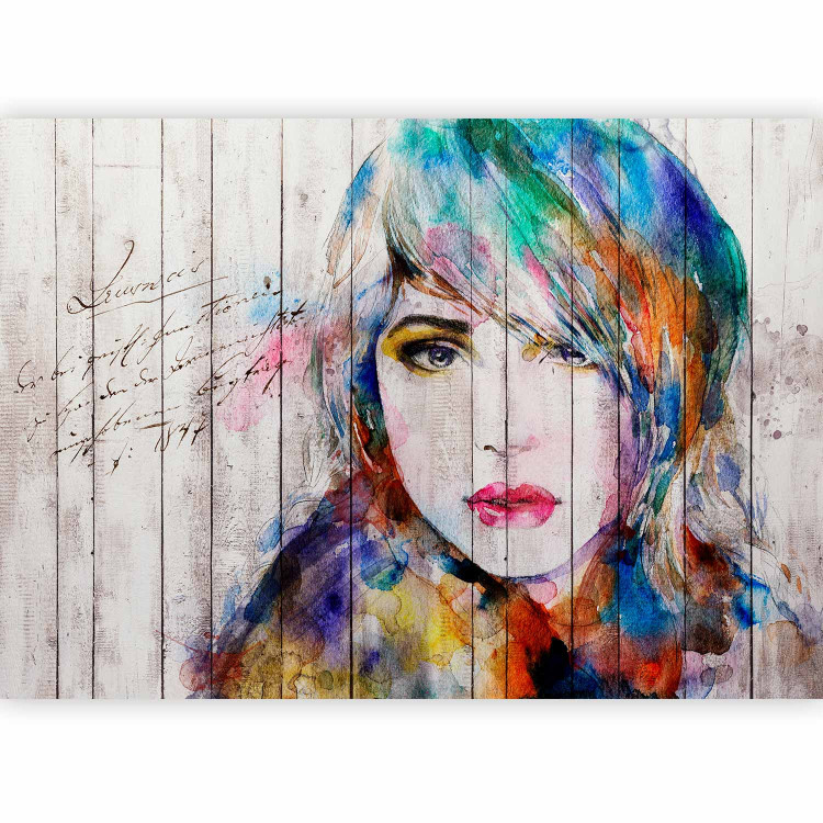 Photo Wallpaper Portrait of a woman's face - coloured watercolour on white wood and text 64530 additionalImage 5