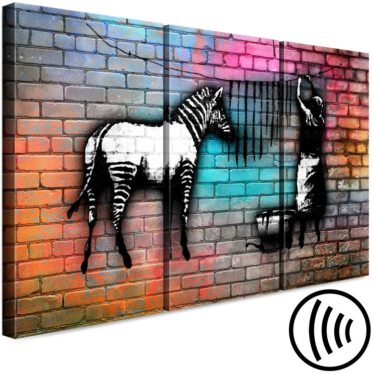 Canvas Zebra washing - street art graphics on an abstract, colorful brick 118540 additionalImage 6