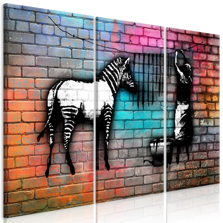 Canvas Zebra washing - street art graphics on an abstract, colorful brick 118540 additionalImage 2