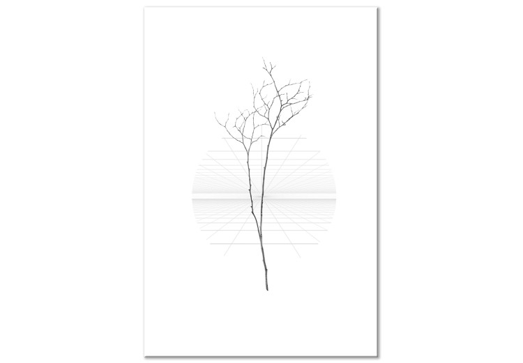 Canvas Art Print Tree twig - a minimalist composition with a black twig of trees without leaves on a white background 129740