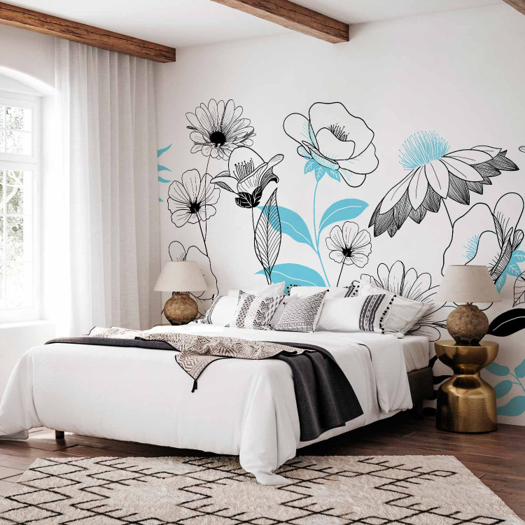 Wall Mural Drawn flowers - plant motif with blue patterns on white background 138340 additionalImage 2
