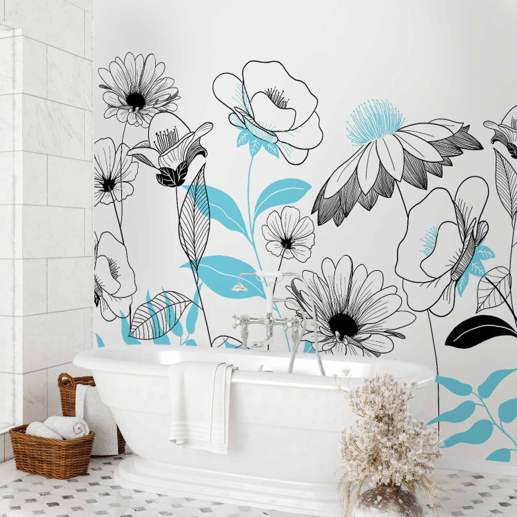 Wall Mural Drawn flowers - plant motif with blue patterns on white background 138340 additionalImage 8