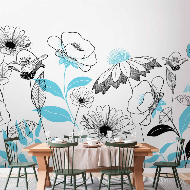Wall Mural Drawn flowers - plant motif with blue patterns on white background 138340 additionalImage 4