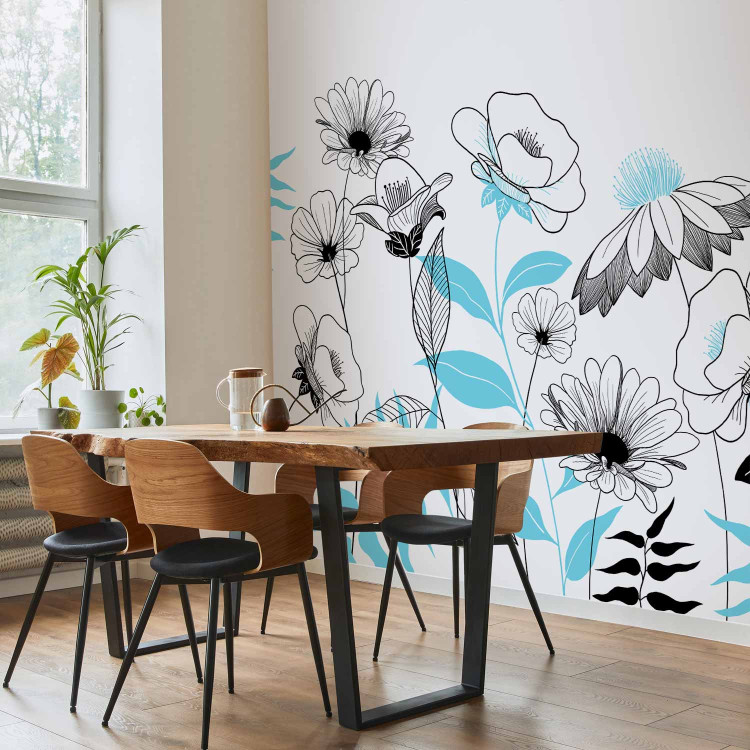 Wall Mural Drawn flowers - plant motif with blue patterns on white background 138340 additionalImage 7