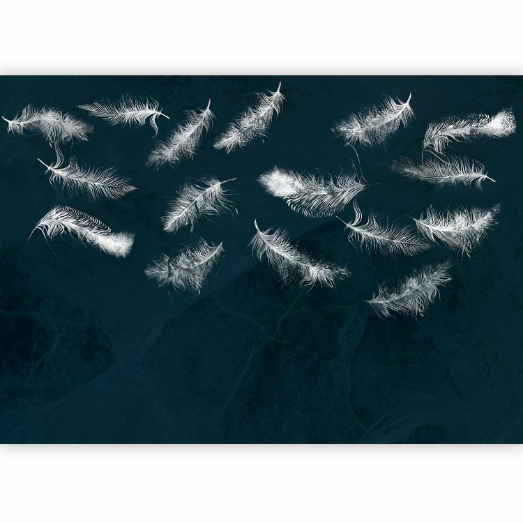 Photo Wallpaper In flight - white feathers carried by the wind on a dark blue background with pattern 142640 additionalImage 1