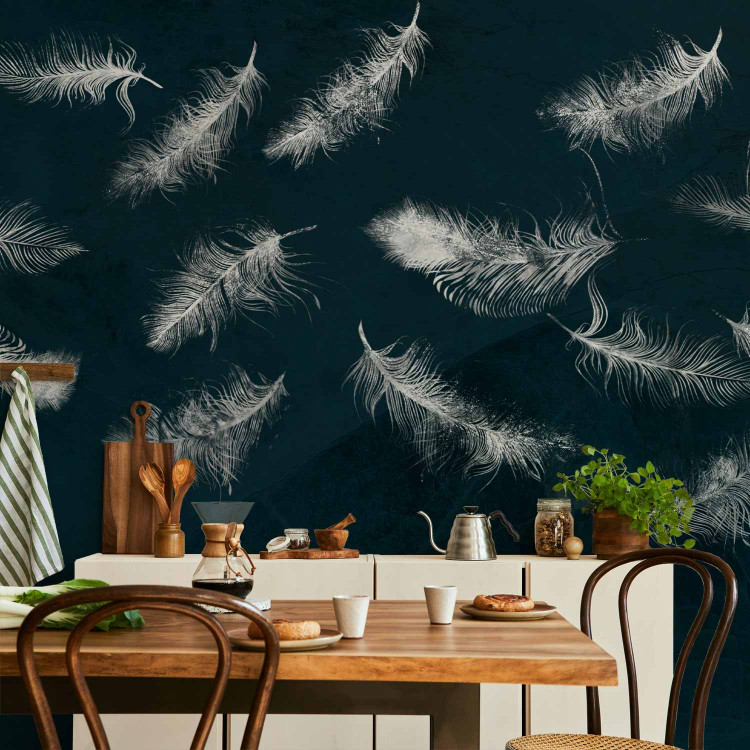 Photo Wallpaper In flight - white feathers carried by the wind on a dark blue background with pattern 142640 additionalImage 6