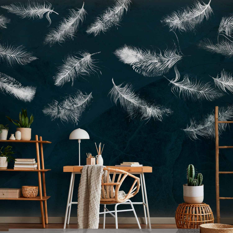 Photo Wallpaper In flight - white feathers carried by the wind on a dark blue background with pattern 142640 additionalImage 4